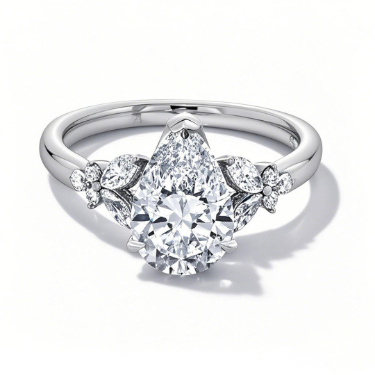 Anillo de compromiso floral con diamantes de laboratorio talla pera y talla marquesa, en oro blanco de 10 quilates, con certificación IGI. Certificado por IGI.
