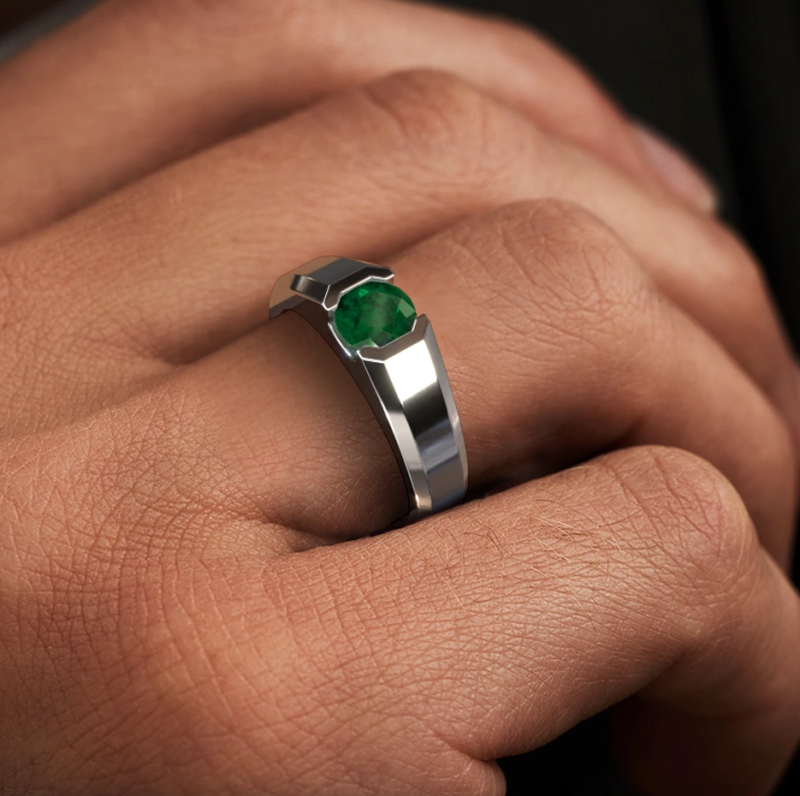 Anillo de oro rosa de 14 quilates con gema de esmeralda cultivada en laboratorio de talla redonda para hombre.-2