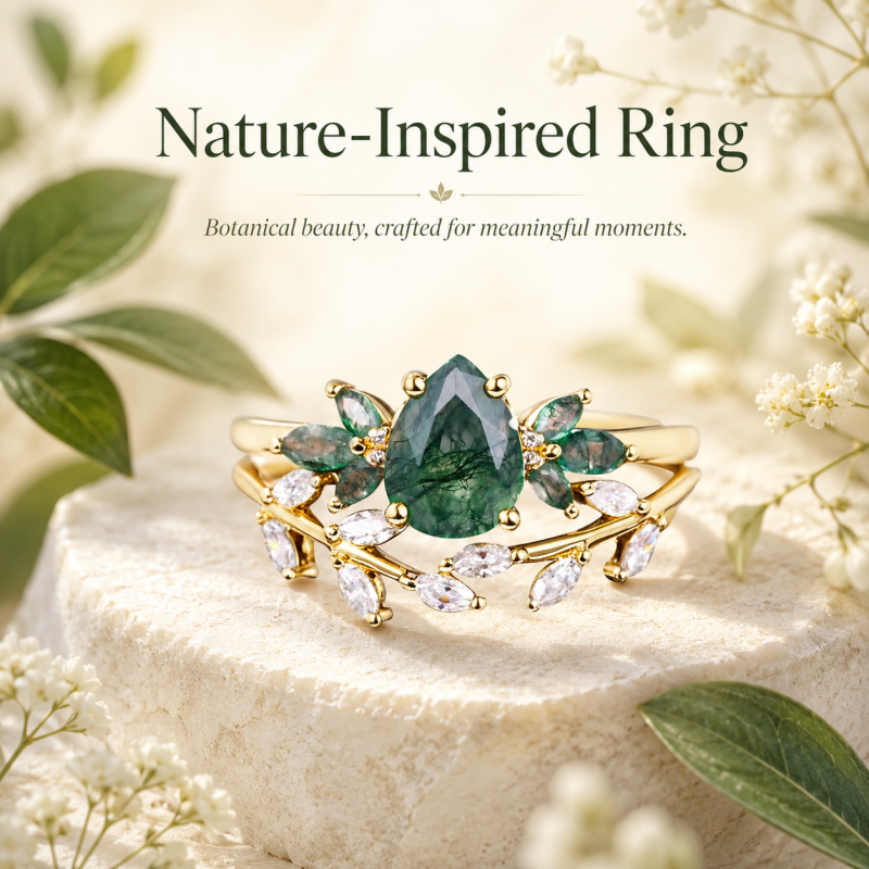 18K White Gold 1 to 6 CT Pear Cut Moss Agate Leaves Natural Inspired Bridal Set-6