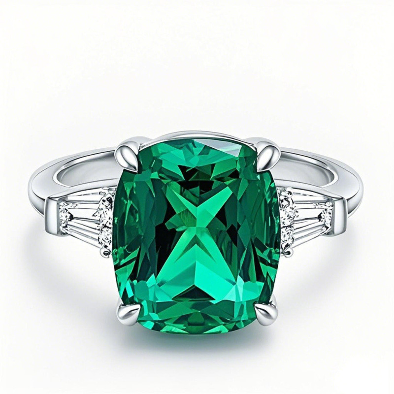 Anillo de compromiso personalizado en oro blanco de 10 quilates con esmeralda creada en laboratorio de 2,5 a 7,5 quilates (peso total en quilates), talla 3EX.-19