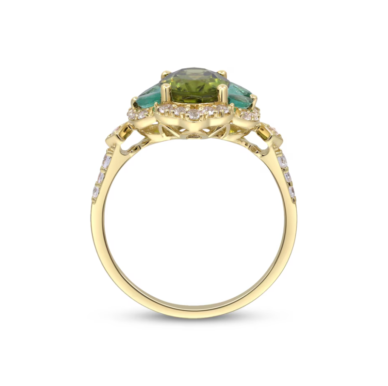 Anillo personalizado de oro de 10 quilates con olivino, esmeralda y topacio de talla ovalada de 2,8 quilates en total.-3