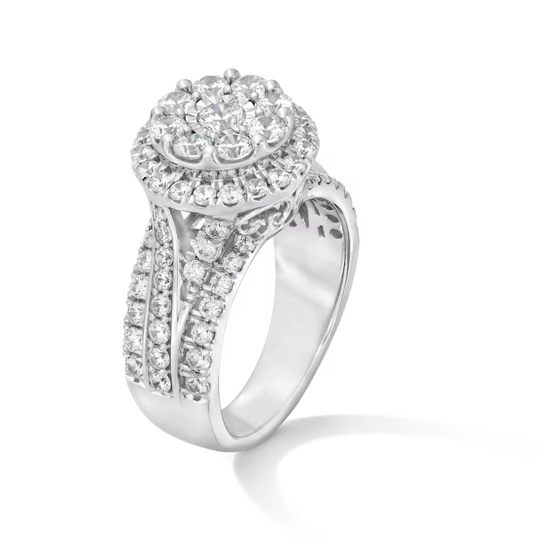 Aliança de noivado personalizada em ouro branco de 14 quilates com diamante redondo de 2 quilates (total) criado em laboratório, classificação D-VVS1 3EX-3