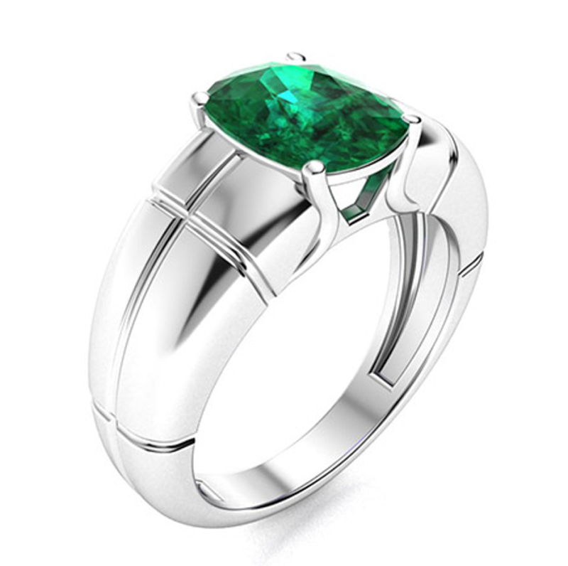 Anillo de oro blanco de 18 quilates con esmeralda cultivada en laboratorio de talla cojín para hombre.-3