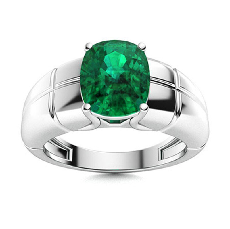 Anillo de oro blanco de 18 quilates con esmeralda cultivada en laboratorio de talla cojín para hombre.-1