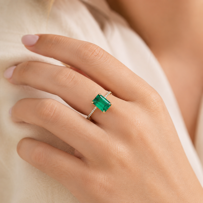 14K White Gold 2 to 7 CT Emerald Lab Created Diamond & Lab Created Emerald Engagement Ring D Color VVS1-VS1 Clarity 3EX-3