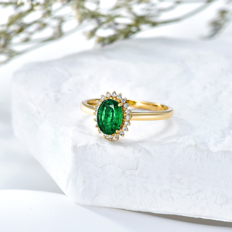 Anillo llamativo de oro blanco de 14 quilates con esmeralda ovalada de 2 a 7 quilates-3