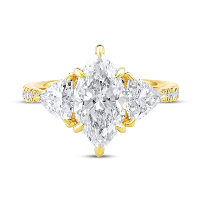 18-karätiger Goldring mit 3,33 ct. Gesamtgewicht, birnenförmig geschliffenem, im Labor hergestelltem Diamanten, drei Steine, individuell angefertigt, Farbe D, VVS1-VS1, IGI-zertifiziert-3