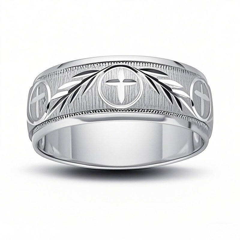 18K White Gold 8.0mm Cross and Ivy Custom Engraved Wedding Band for Men-1