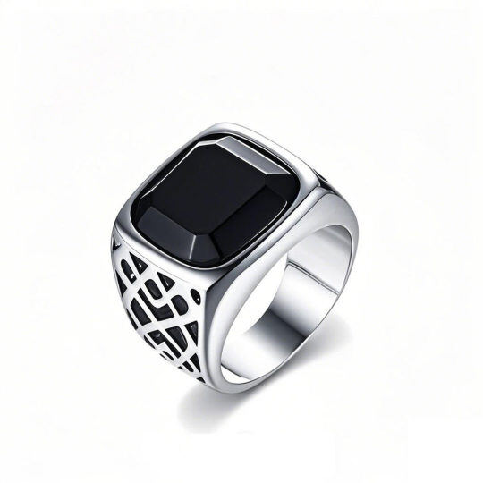 10K White Gold Black Agate Ring for Men