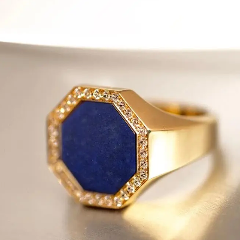 10K White Gold Cubic Zirconia & 3CT Lapis Lazuli Personalized Classic Name Ring for Men-2