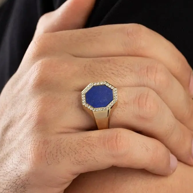 10K White Gold Cubic Zirconia & 3CT Lapis Lazuli Personalized Classic Name Ring for Men-3