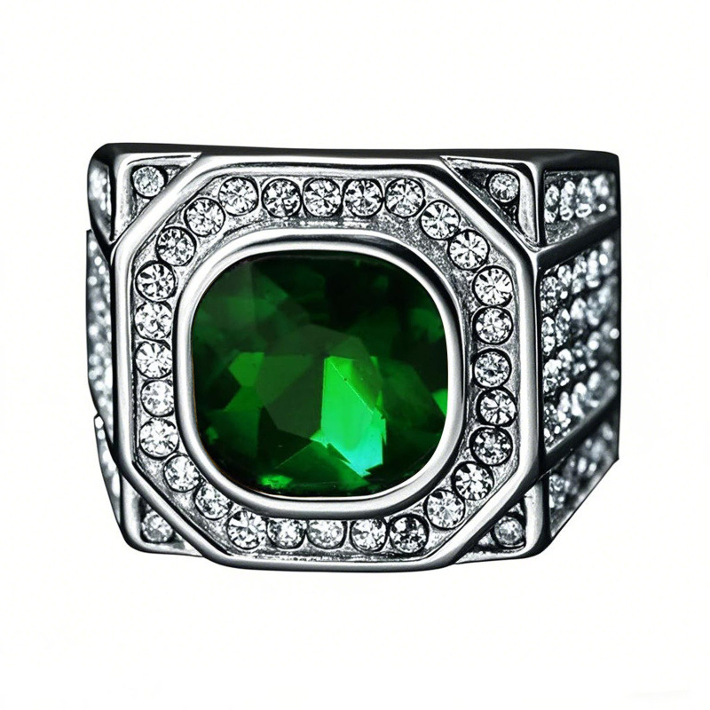 Anillo para hombre personalizado de oro blanco de 14 quilates con esmeralda cultivada en laboratorio, talla cojín, de 1 a 6 CT-1
