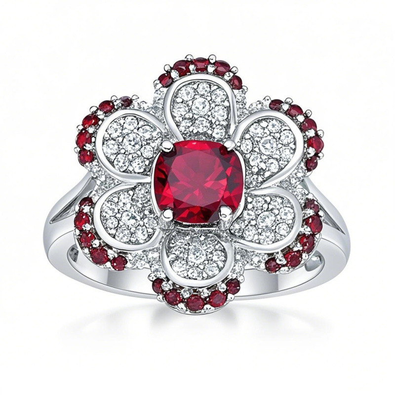Paarring aus 10-karätigem Weißgold mit kissenförmigem Granat und rundem weißen Saphir, geteilter Ringschiene und individueller Gravur-5