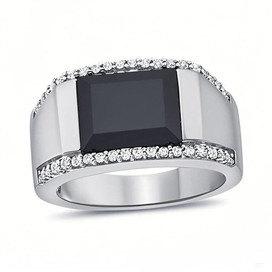 Bague chevalière personnalisée pour homme en or blanc 10 carats, sertie d'agate taille coussin et de diamants (couleur I, pureté 3EX).