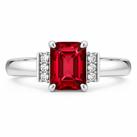 Anillo de compromiso personalizado con gema talla esmeralda en oro blanco de 10 quilates, ideal para aniversarios.