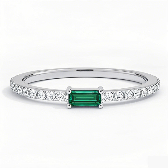 10K White Gold Emerald Cut Emerald & Lab Created Diamond Wedding Band G/H Color SI Clarity