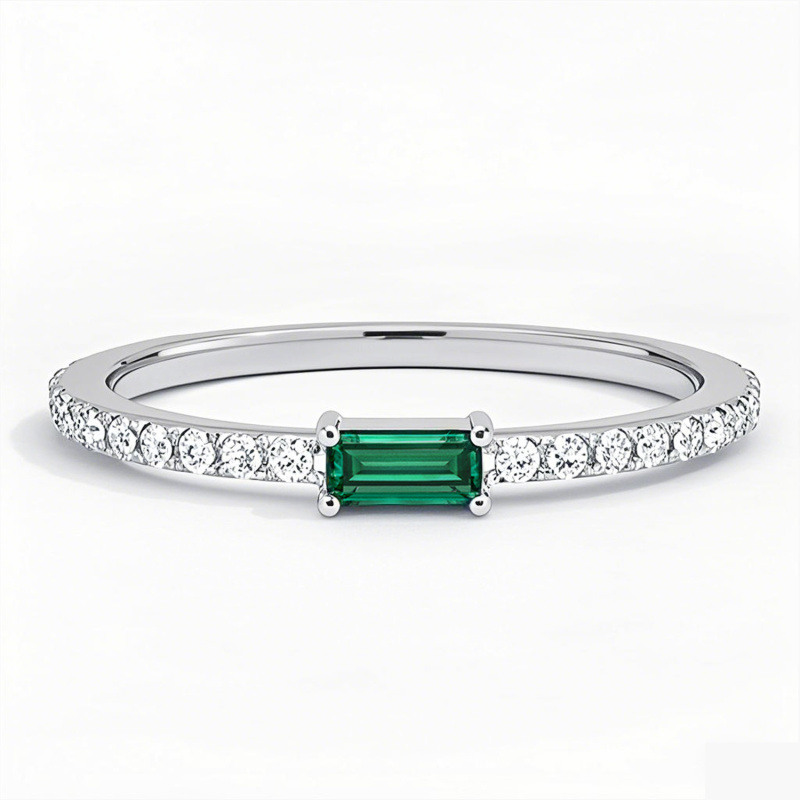 10K White Gold Emerald Cut Emerald & Lab Created Diamond Wedding Band G/H Color SI Clarity-8
