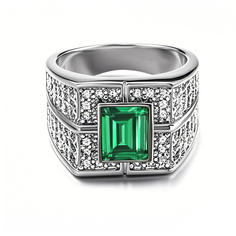 Anillo de boda con esmeralda talla esmeralda cultivada en laboratorio de 1 a 6 CT y moissanita, en oro blanco de 10K, el mejor regalo para tu esposo-1