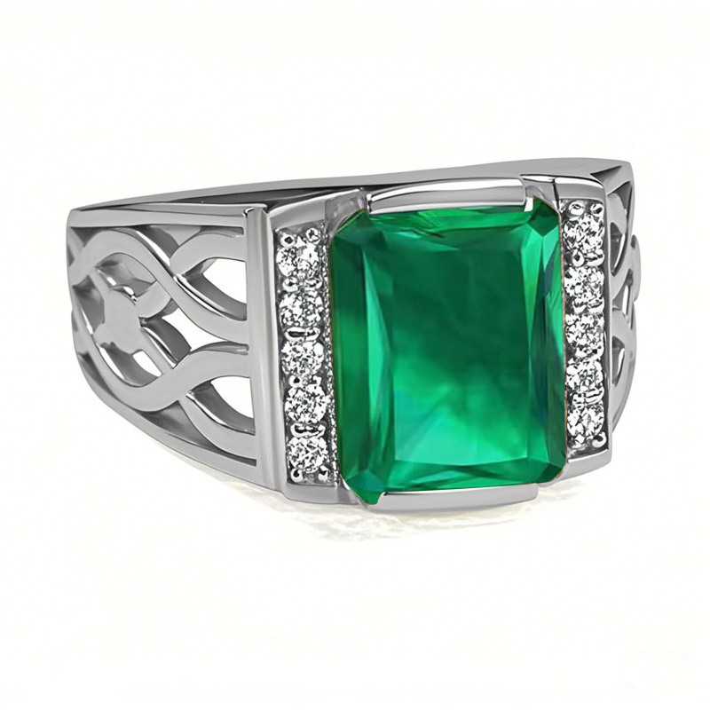 Anillo de boda de oro blanco de 10 quilates con esmeralda talla esmeralda creada en laboratorio y diamantes. Ideal para cumpleaños, aniversario, Navidad o el Día del Padre.-10