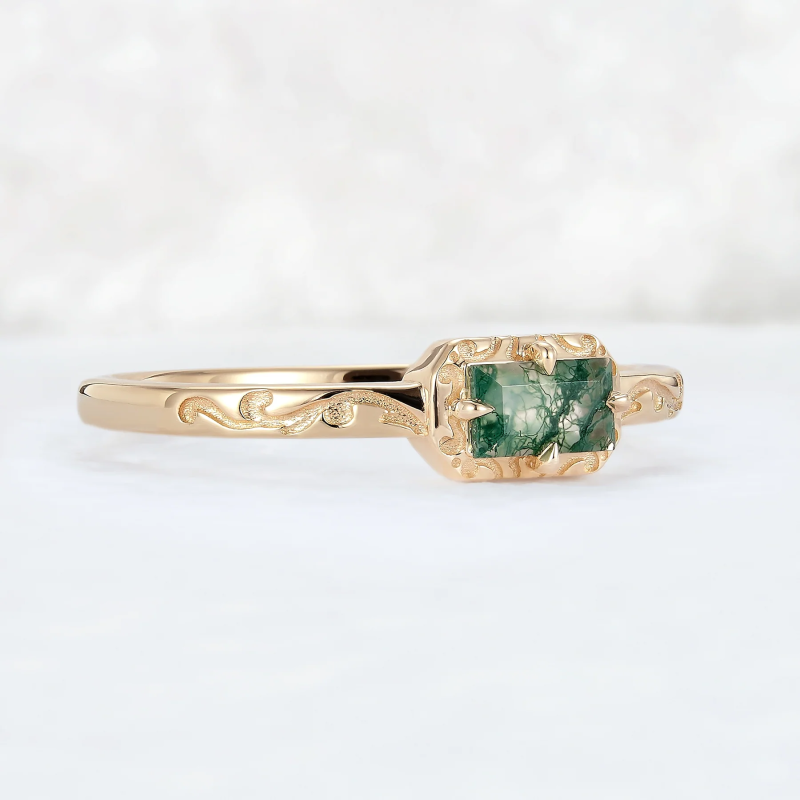Anillo de boda de oro de 14 quilates con ágata musgosa talla esmeralda-3