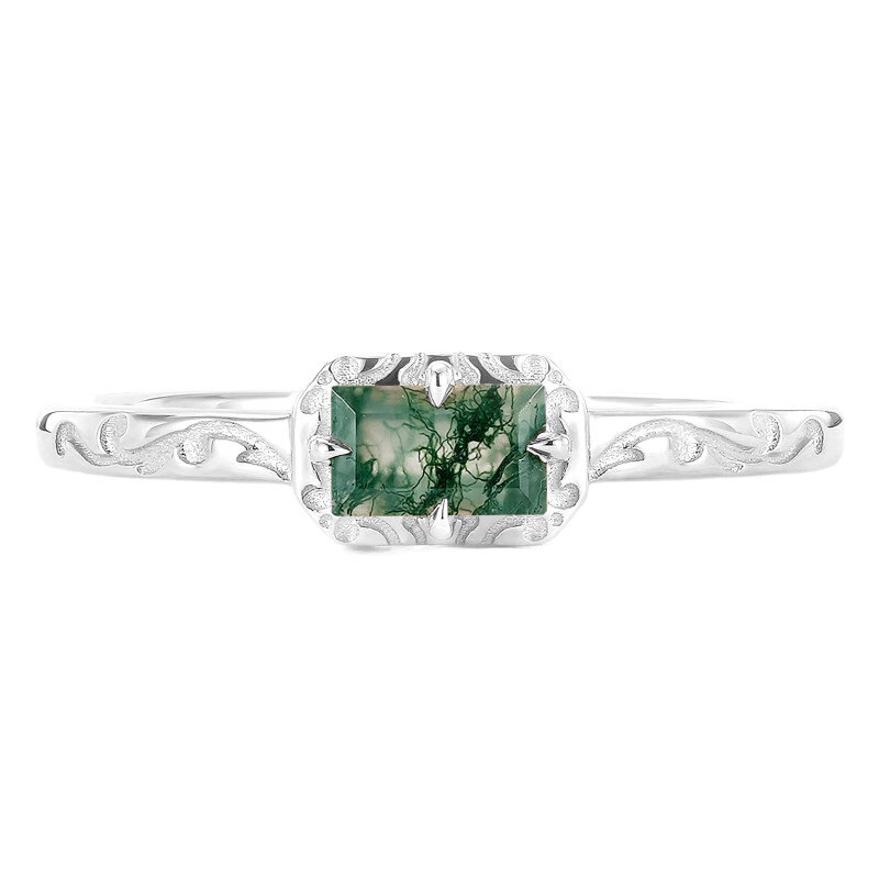 Sterling Silver with White Gold Plated Emerald Cut Moss Agate Wedding Ring-1