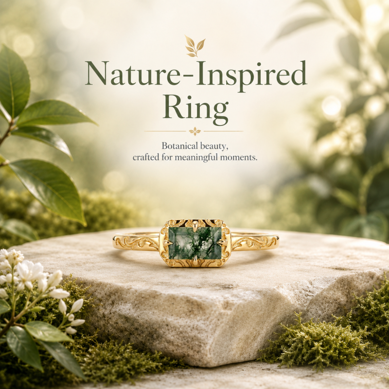 10K White Gold 1 to 6 CT Emerald Cut Moss Agate Solitaire Natural Inspired Wedding Ring-5