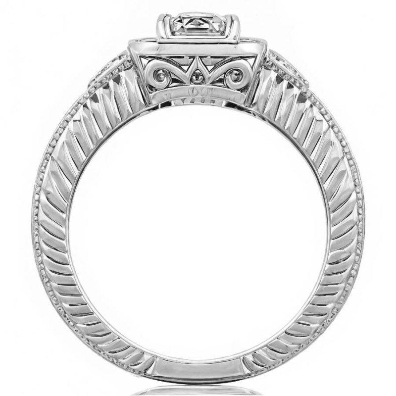 Vintage-Halo-Verlobungsring aus 14-karätigem Roségold mit smaragdgeschliffenem Moissanit-4