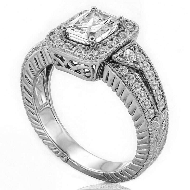 Vintage-Halo-Verlobungsring aus 14-karätigem Roségold mit smaragdgeschliffenem Moissanit-5