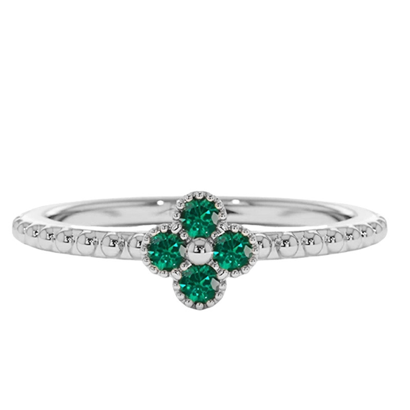 Bague en or blanc 14 carats avec émeraude et trèfle à quatre feuilles-1