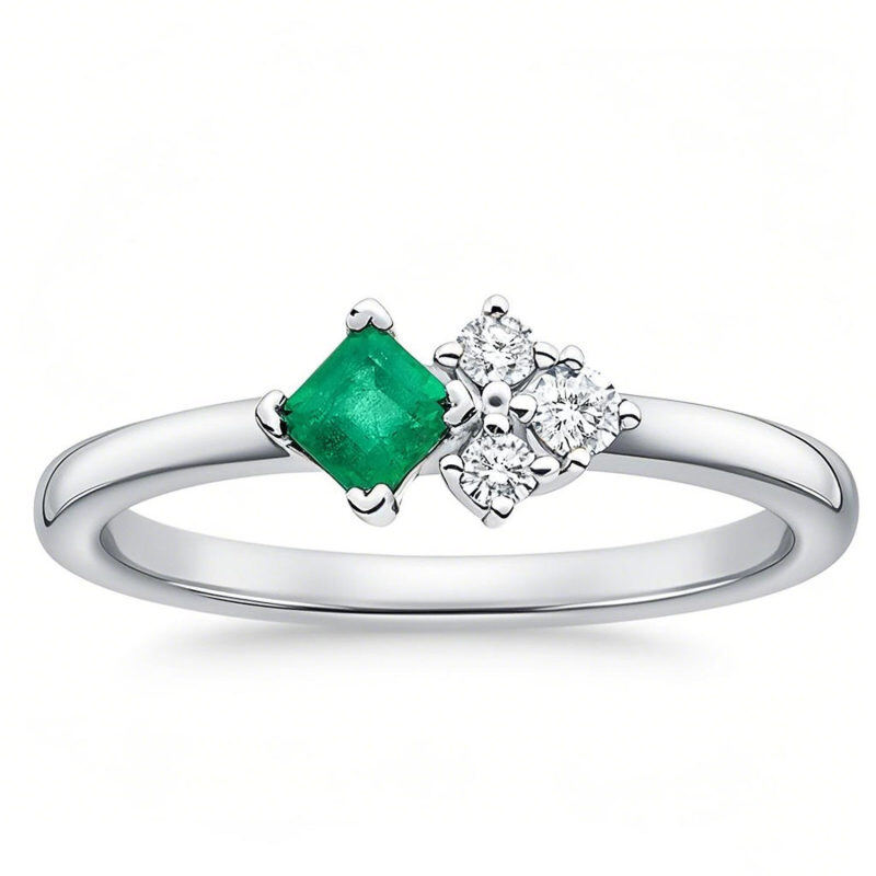 Maßgefertigter Ehering aus 10-karätigem Gold mit Smaragd und im Labor hergestelltem Diamanten, Farbe G/H, Reinheit SI, 3EX-16