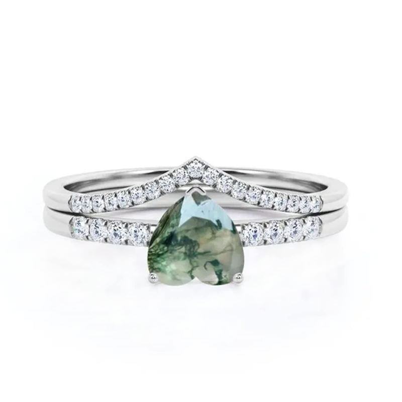 Ensemble de mariage en platine plaqué or blanc et agate mousse taille cœur-1