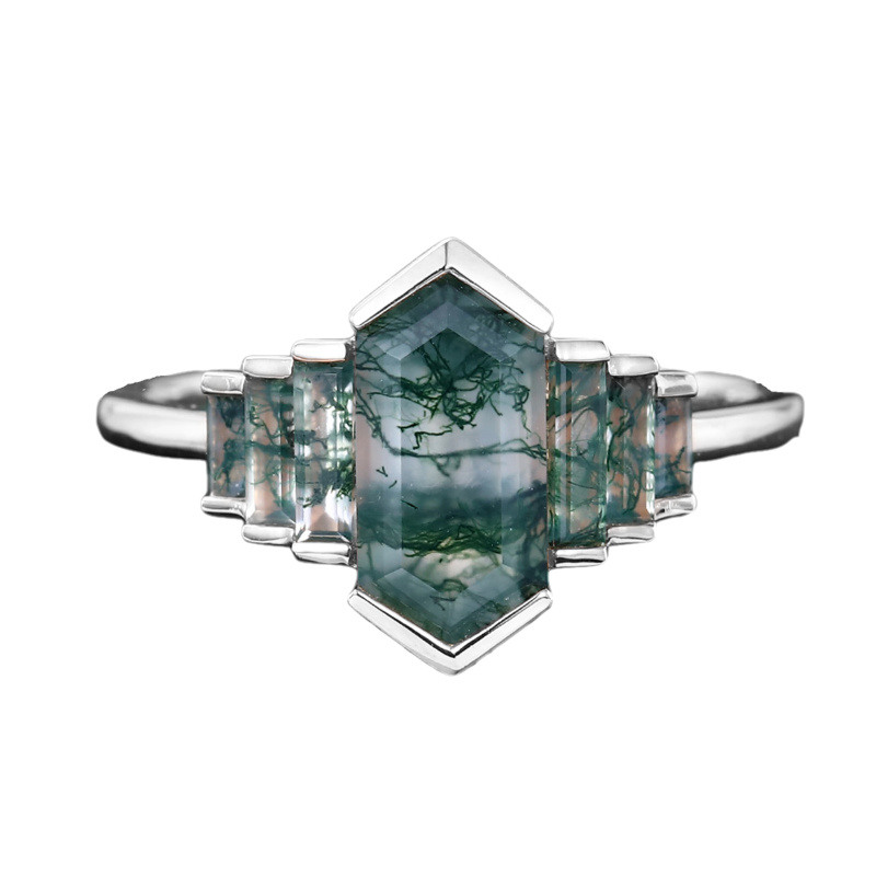 Bague en or blanc 14 carats et agate mousse taille hexagone-1