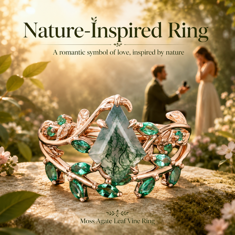14K White Gold 1 to 6 CT Kite Cut Leaves Moss Agate Natural Inspired Bridal Set-7