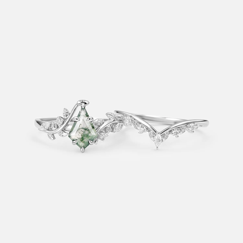 Sterling Silver with Rose Gold Plated Kite Cut Leaves Moss Agate Engagement Ring-4