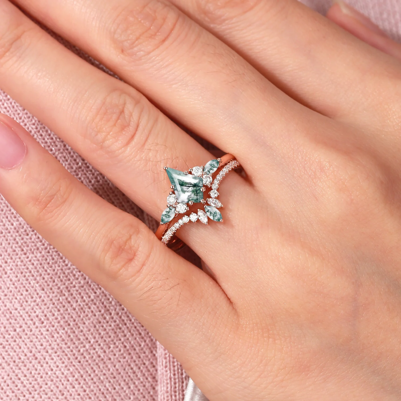 Anillo de compromiso de plata de ley con ágata musgosa talla cometa chapada en oro rosa-3