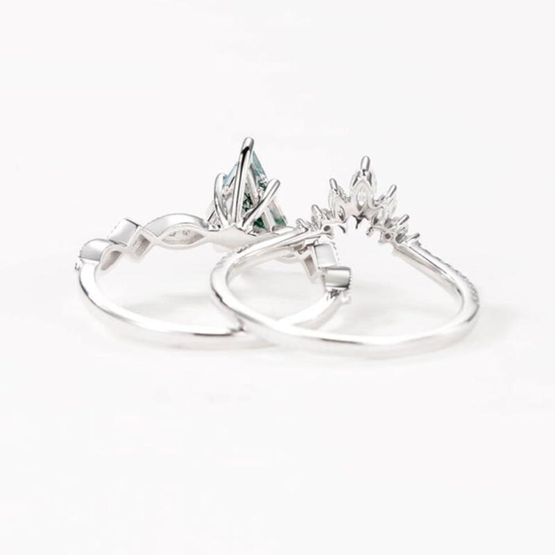 Sterling Silver Kite Cut Moss Agate & Moissanite Bridal Set-4