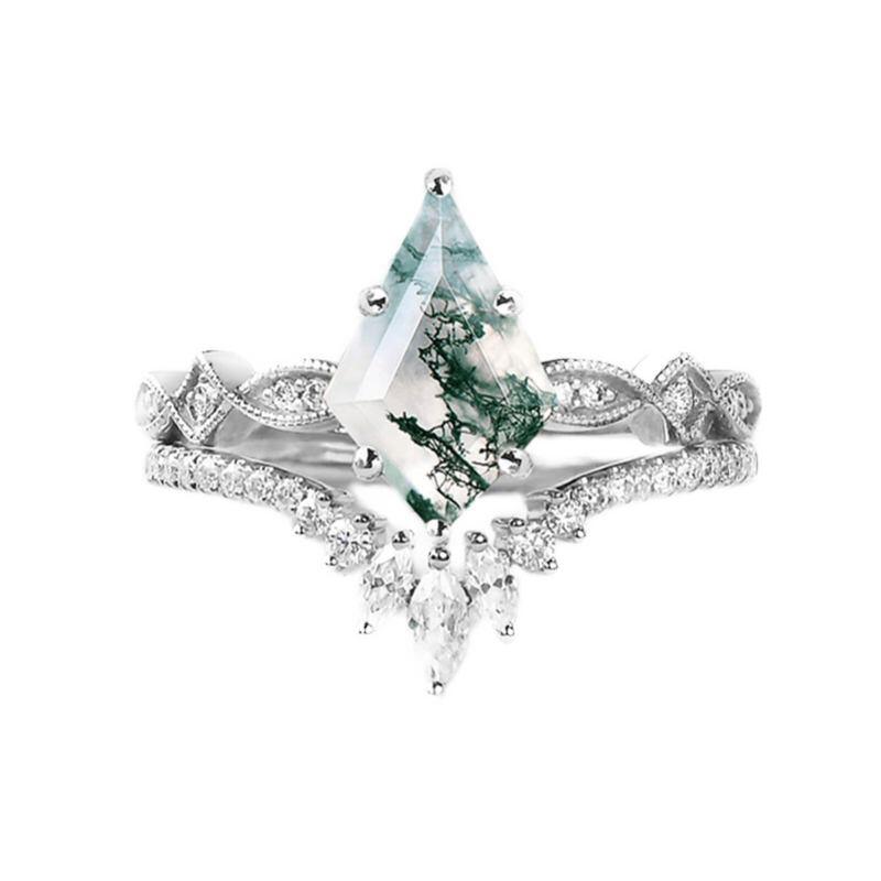 Anillo de compromiso de plata de ley con ágata musgosa talla cometa de 1 quilate engastada con moissanita-10