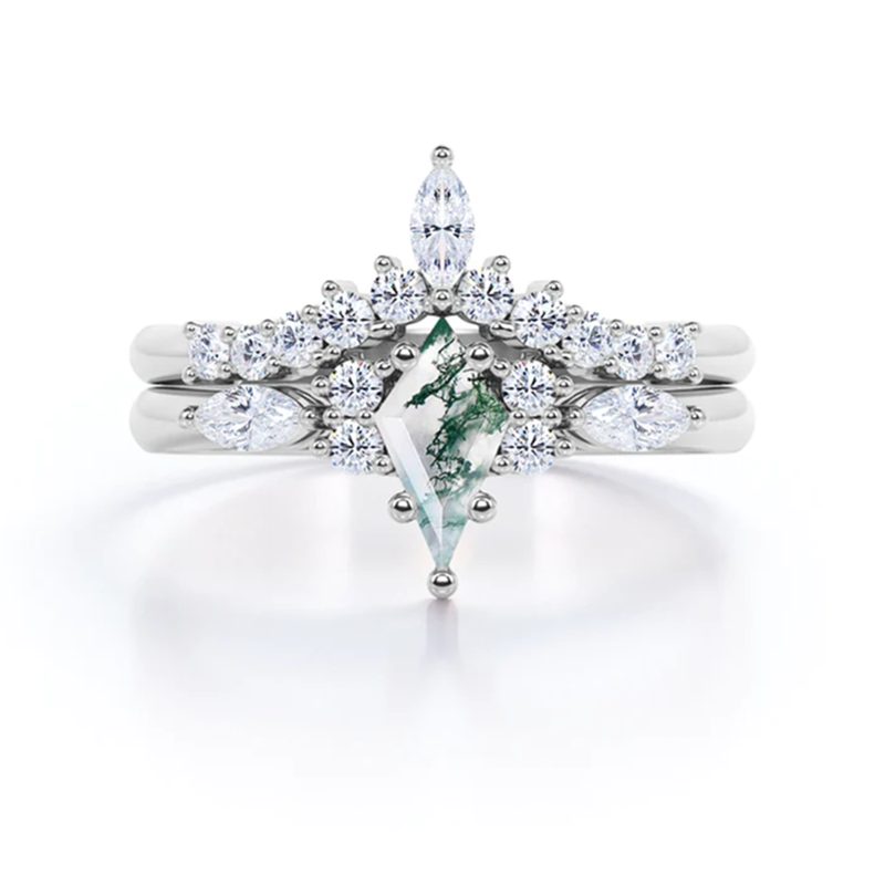 Sterling Silver Moissanite & Moss Agate Circle Engagement Ring Bridal Set-19