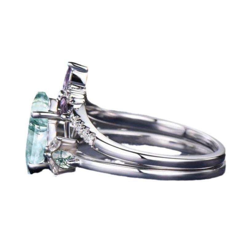 Anillo de compromiso para mujer en oro blanco de 10 quilates con ágata musgosa talla cometa y moissanita. Grabado gratuito.-3