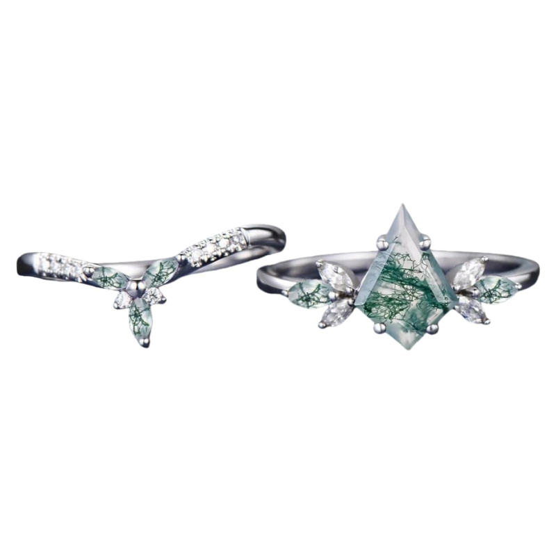 Anillo de compromiso para mujer en oro blanco de 10 quilates con ágata musgosa talla cometa y moissanita. Grabado gratuito.-4
