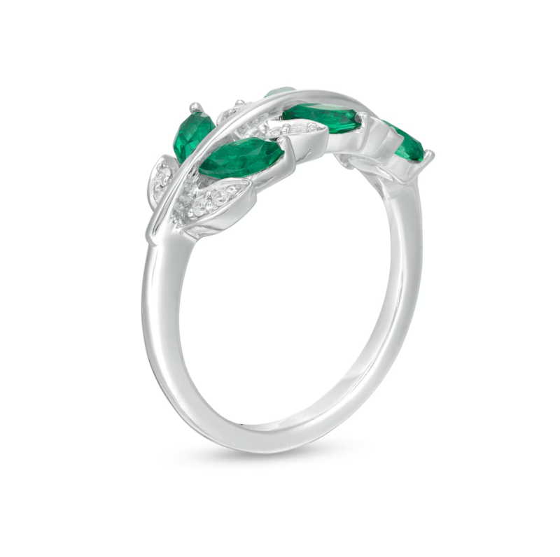 10-karätiges Roségold-Ringband mit Marquise-Schliff, 0,3 ct. Gesamtgewicht, im Labor hergestelltem Smaragd und 0,1 ct. Gesamtgewicht, Diamanten in Blätterform-3