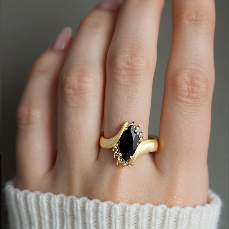 Aliança personalizada em ouro 14K com ágata lapidada em marquise e diamantes, cor I, pureza I2, certificação IGI 3EX.-2