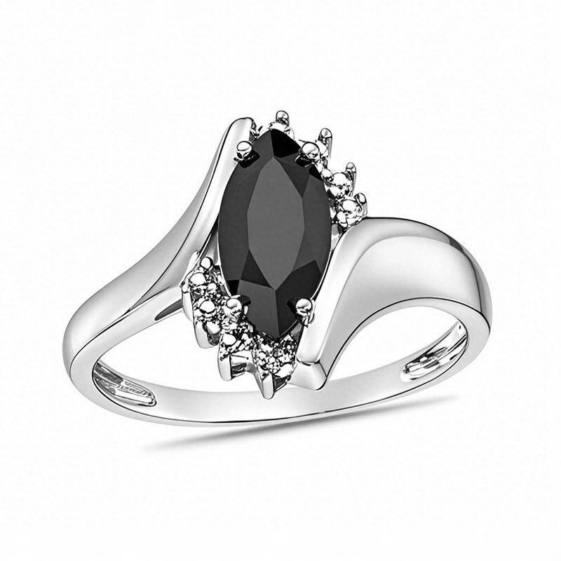 Aliança personalizada em ouro branco de 10K com ágata lapidada em marquise e diamantes, cor I, pureza I2, certificação IGI 3EX.-1