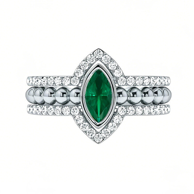 Ensemble de mariage personnalisé en platine plaqué or blanc, 0,7 CTW, émeraude cultivée en laboratoire taille marquise et diamants cultivés en laboratoire-1