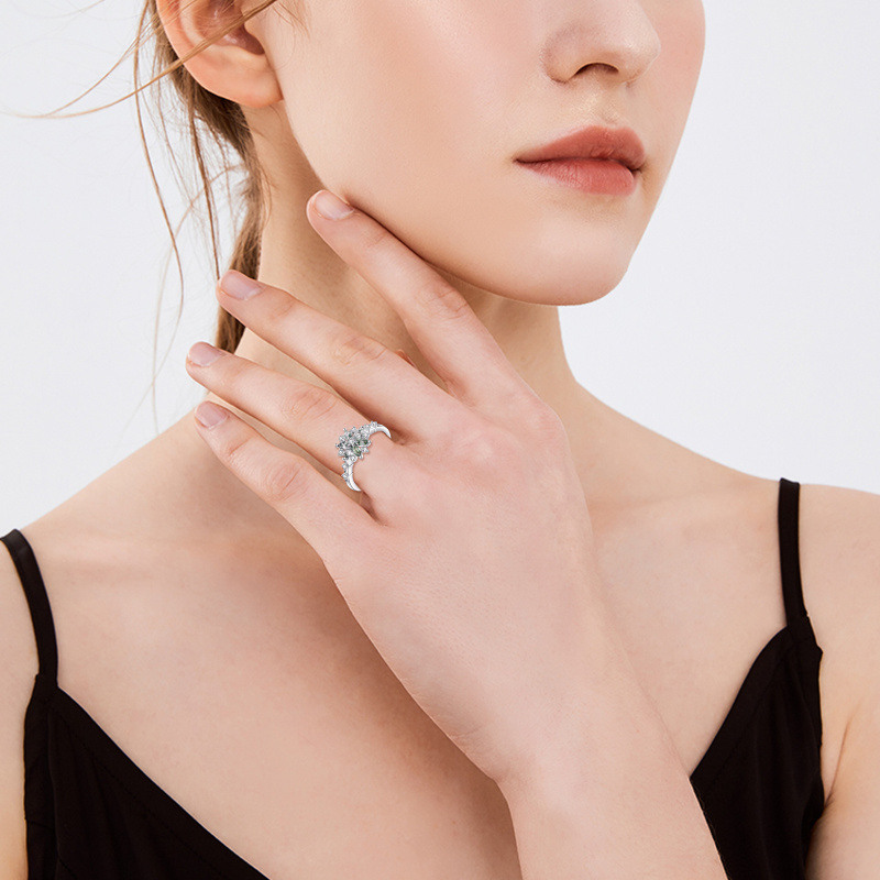 Bague lotus en or blanc 10 carats, moissanite taille marquise et agate mousse-2