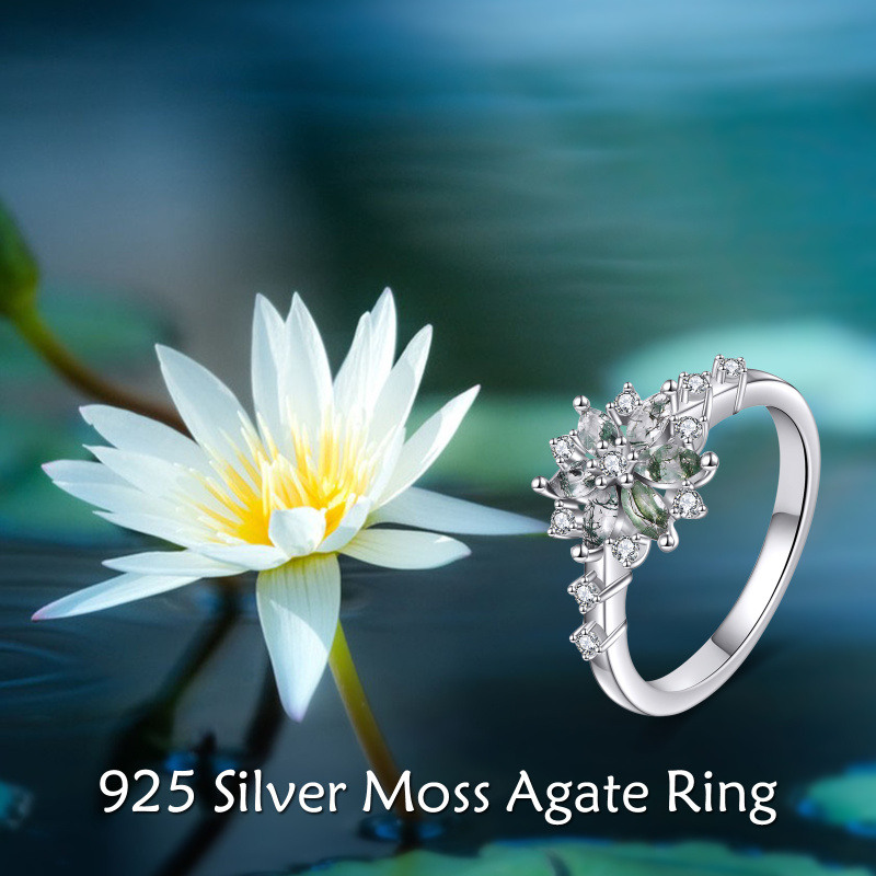 Bague lotus en or blanc 10 carats, moissanite taille marquise et agate mousse-3