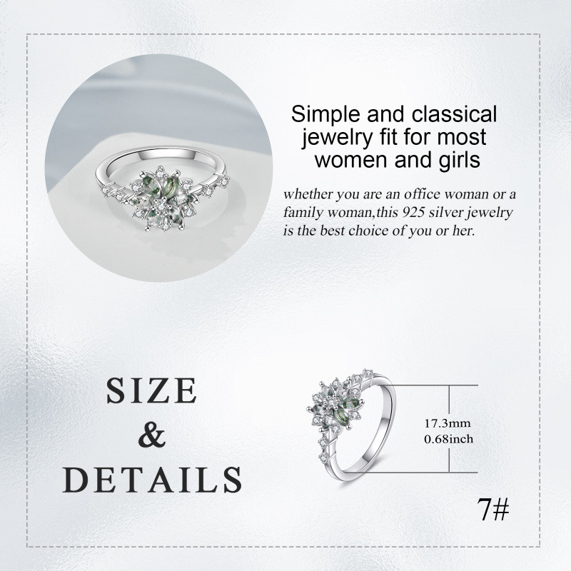 Bague lotus en or blanc 10 carats, moissanite taille marquise et agate mousse-4