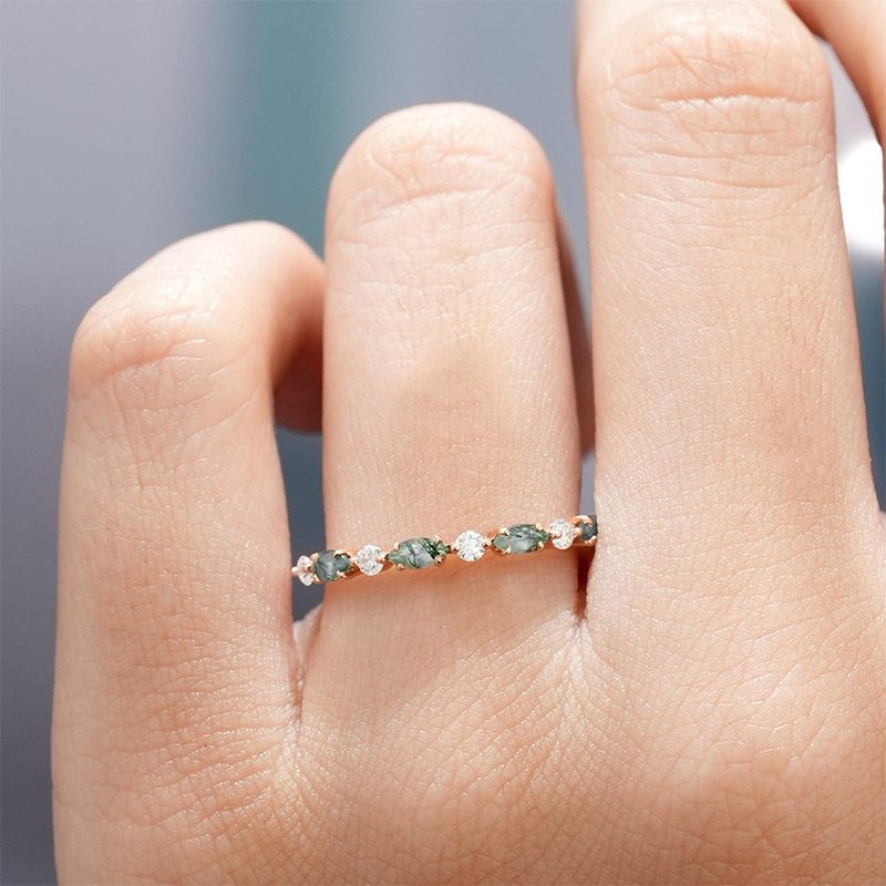 Sterling Silver with Rose Gold Plated Marquise Cut Moissanite & Moss Agate Wedding Ring-2