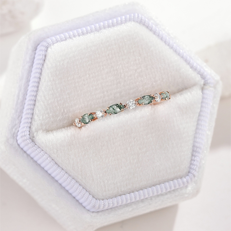 Sterling Silver with Rose Gold Plated Marquise Cut Moissanite & Moss Agate Wedding Ring-4