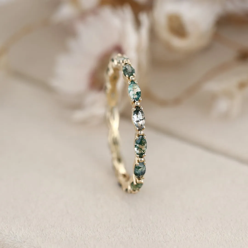 Anillo de boda de oro de 18 quilates con ágata musgosa talla marquesa-6